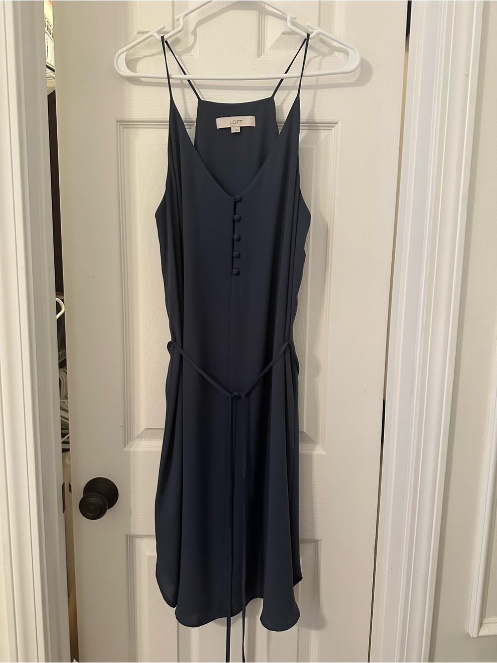 LOFT Dark Navy Slip Midi Dress with Tie Waist